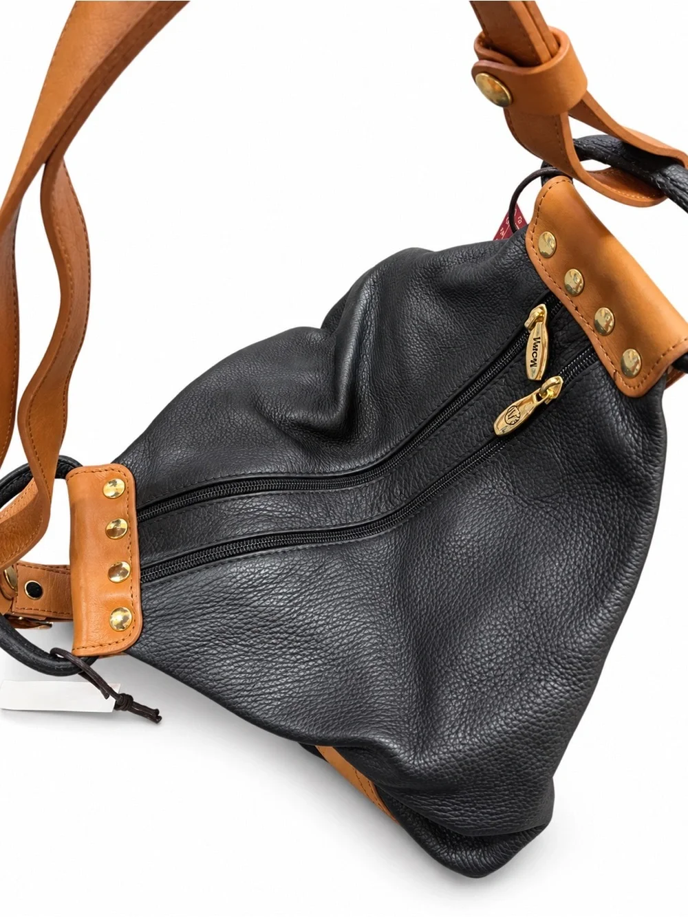 Valentina Italian Leather Convertible Backpack Bag Black Cognac NWT
